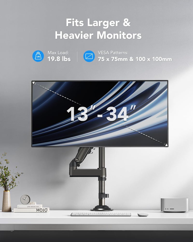 HUANUO Single Monitor Arm, Adjustable Desk Mount for 13-34 inch Screens, Holds 19.8lb, 22.44 inch Max Height, Full Motion Swivel Gaming Monitor Stand with VESA 75x75mm and 100x100mm Compatibility - Image 2